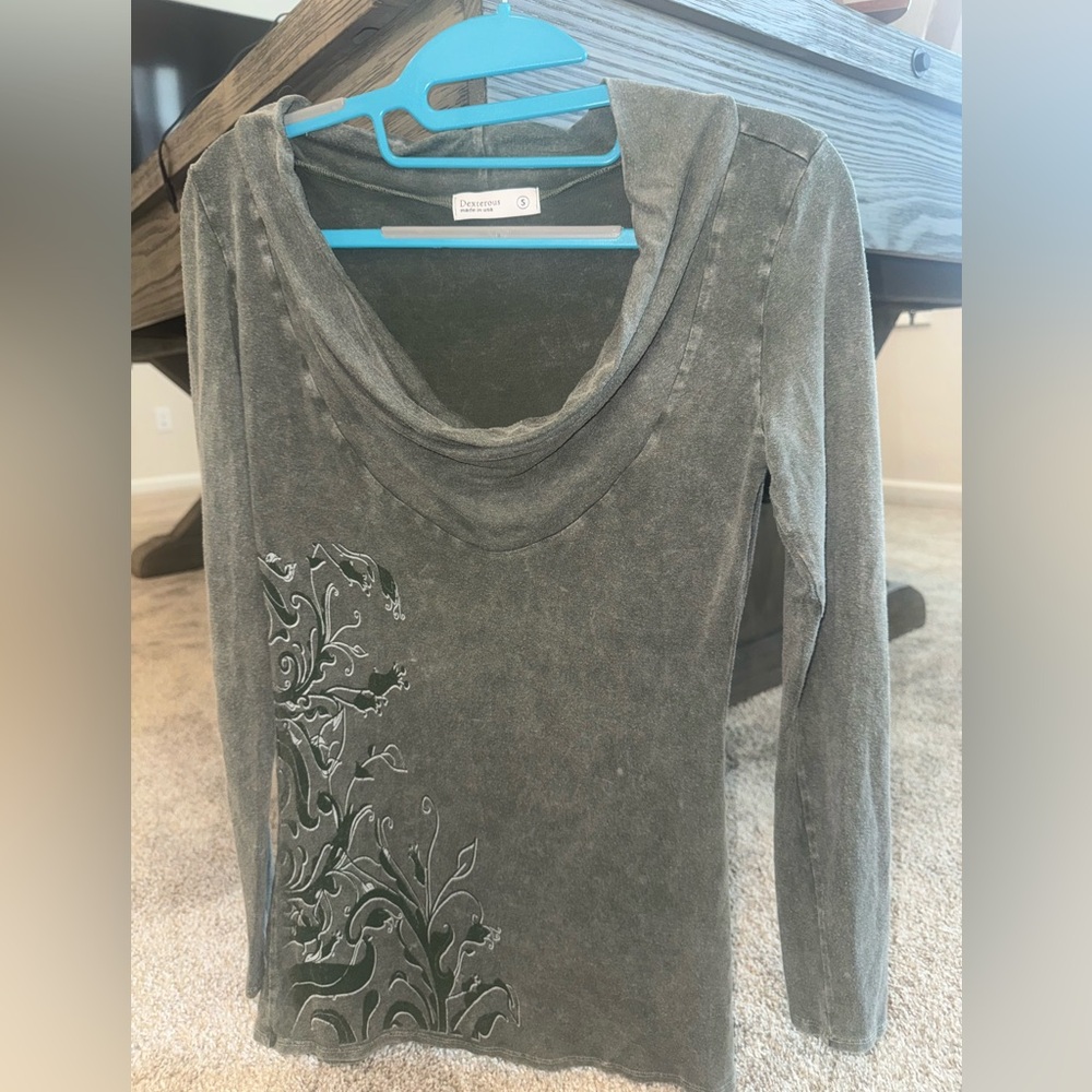 Olive mineral wash Long Sleeve Top with Floral Design